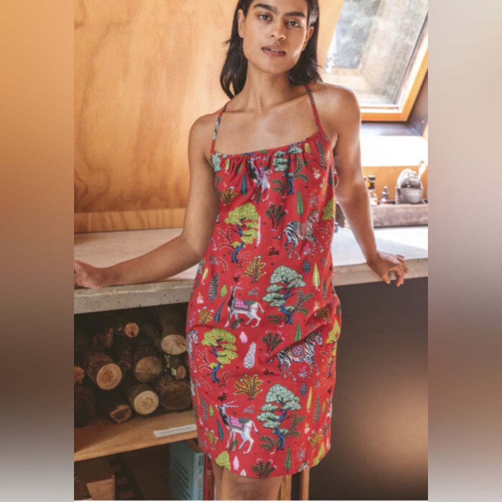 Printed Red Slip Nightdress with Forest & Animal Motif